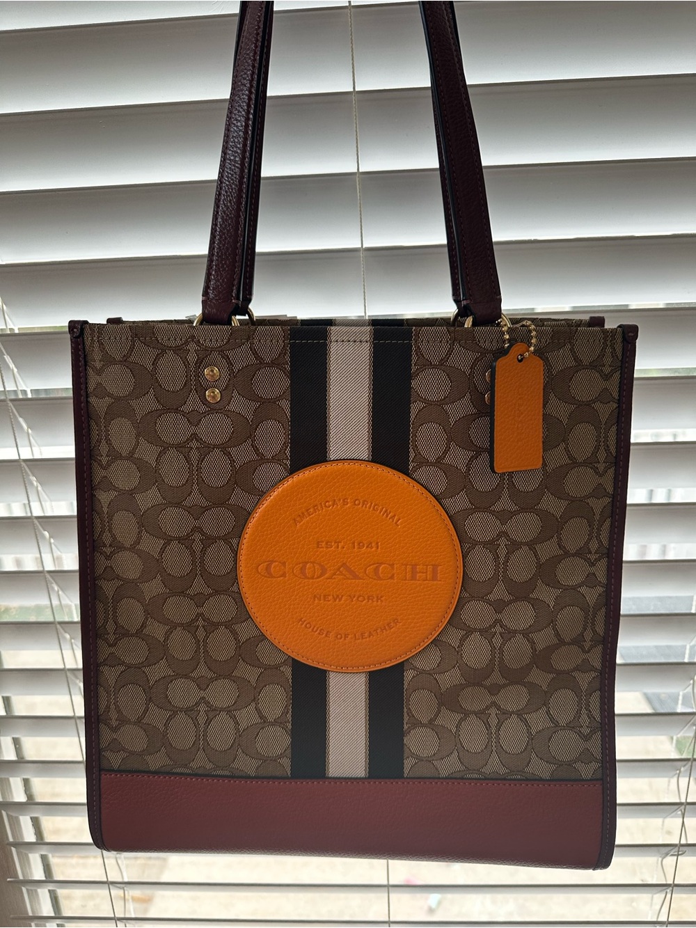 Coach Dempsey 30 Signature Canvas Tote in Brown with Orange Patch